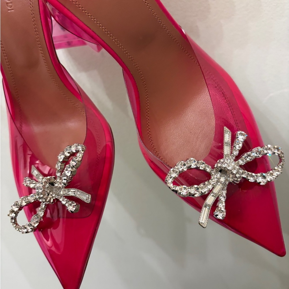 Amina Muaddi Pink Heels with Crystal Bow